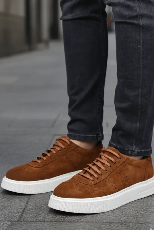 Sneakers din Piele Intoarsa Maro cu Decor - OVY CAMEL
