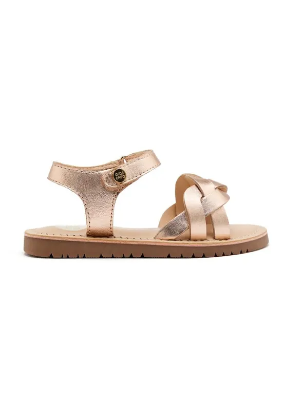 Sandale din piele cu talpa plata si inchidere velcro - Auriu rose
