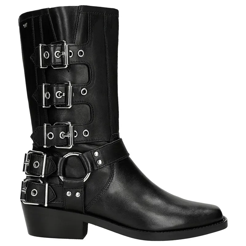 Botine cowboy din piele negre in stil motociclist