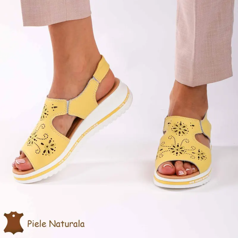 Sandale dama din Piele Naturala cu talpa Inalta CRL0195 GALBEN