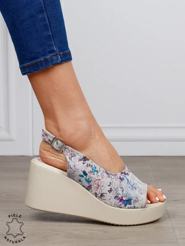 Sandale damă din piele naturală talpa tip platorma cu cataramă CRL1644 ALBASTRU