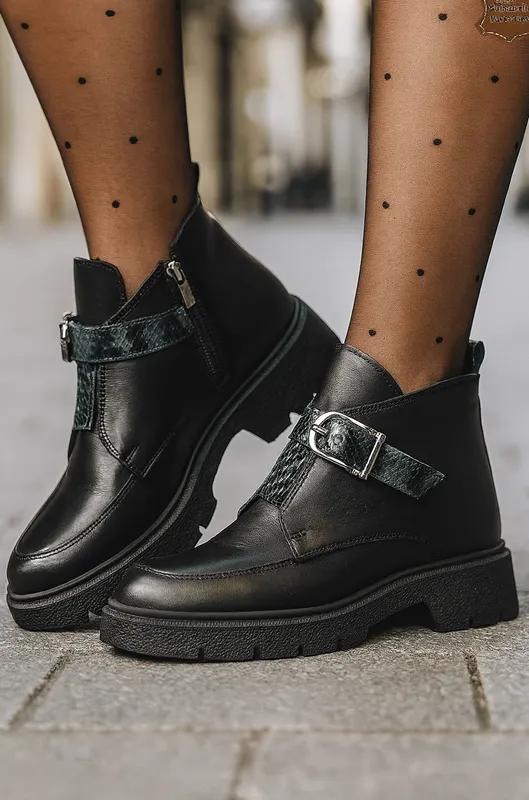 Ghete Casual Dama din Piele Negre cu Imprimeu - DIZA