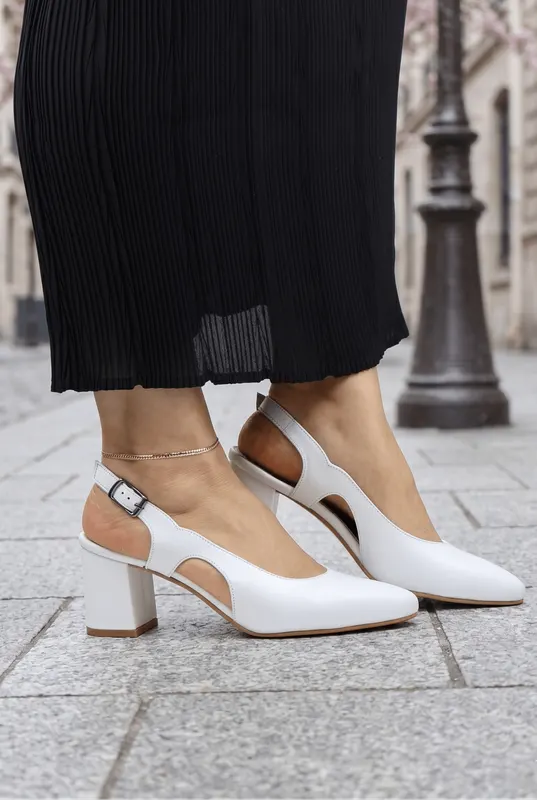 Pantofi Eleganti Decupati cu Toc din Piele Alba - KYZE WHITE