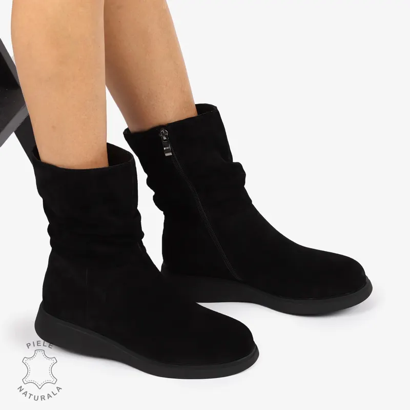 Cizme dama piele naturala intoarsa scurte cu talpa plata si Detaliu Lateral CRL1256 NEGRU