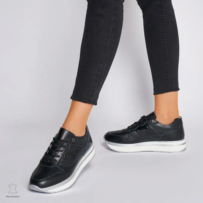 Pantofi casual de dama din piele naturala cu talpa groasa CRL0001 BLACK