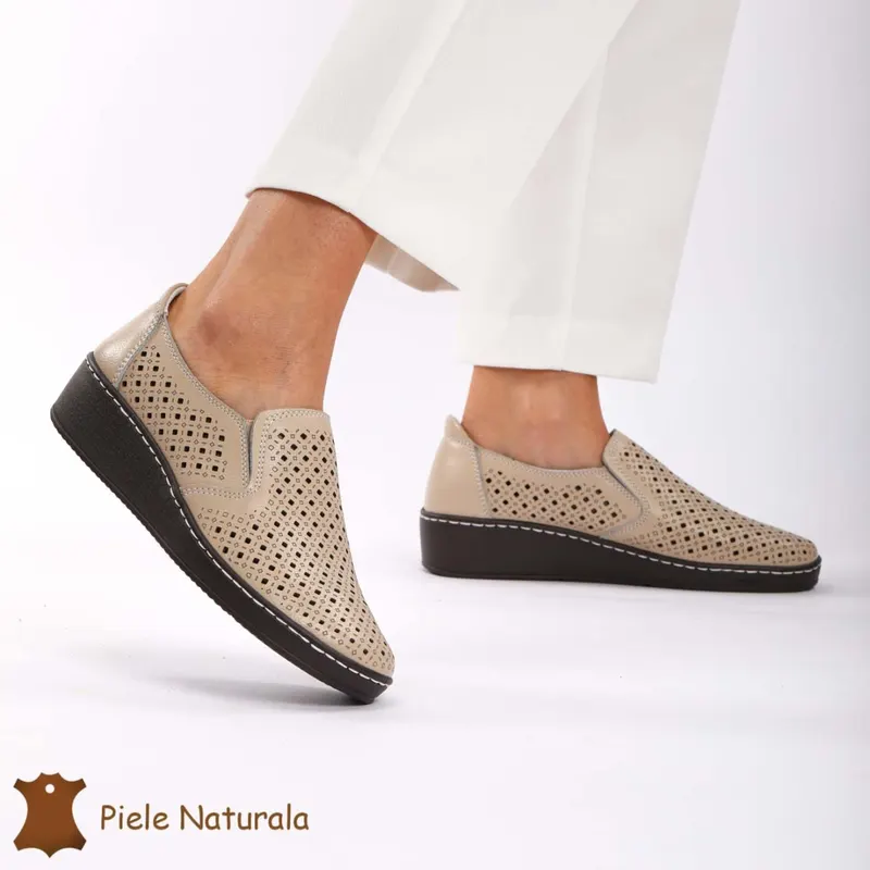 Pantofi Perforati dama din Piele Naturala cu mici perforatii CRL0193 BEJ