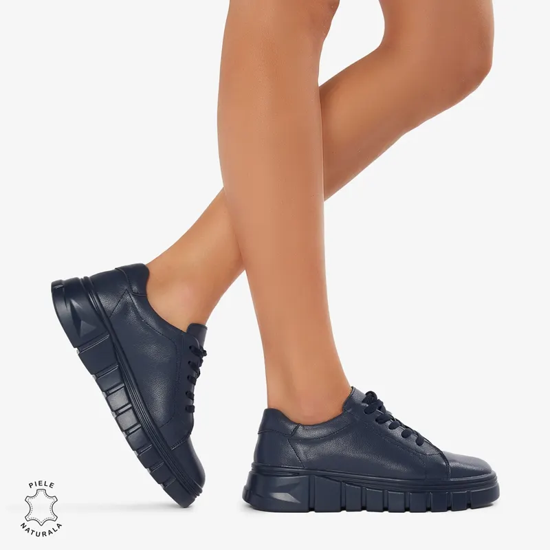 Pantofi Casual de dama din Piele naturala cu talpa groasa CRL0491 NAVY