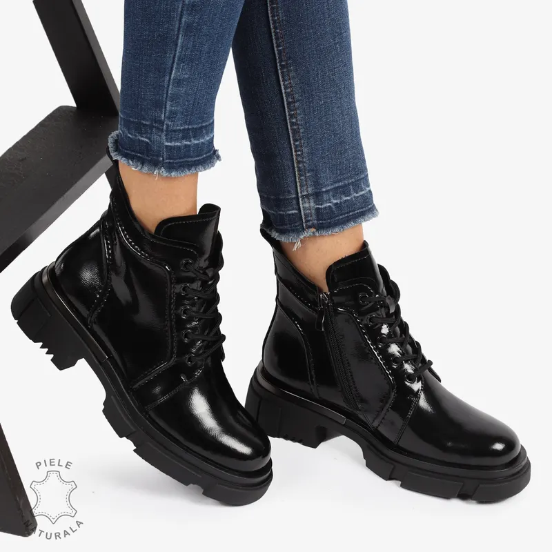 GHETE PIELE NATURALA LACUITA cu Varf rotund CRL1239 Negru