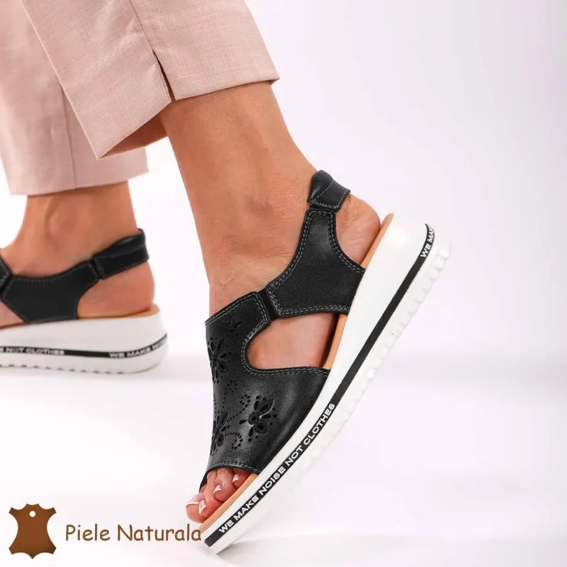 Sandale dama din Piele Naturala cu talpa Inalta CRL0195 NEGRU