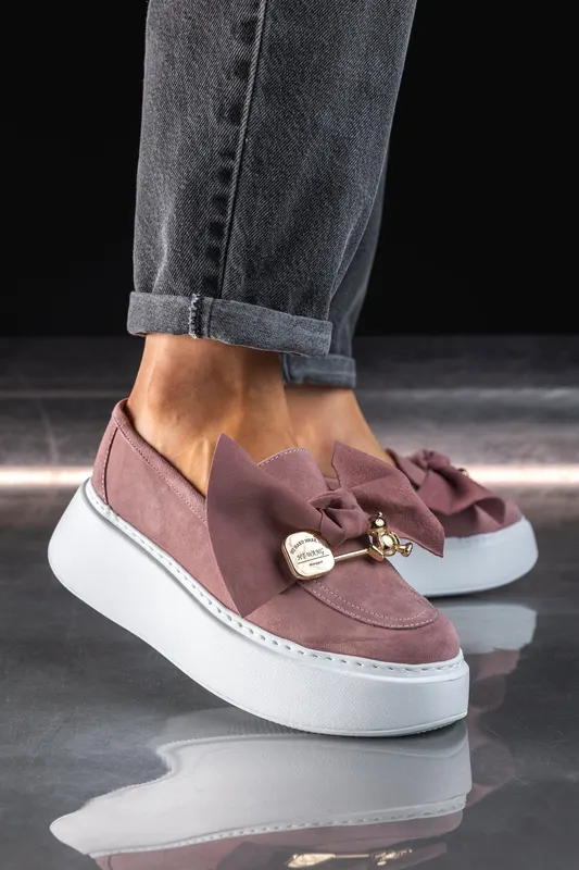 Mocasini Din piele Intoarsa Roz cu Fundita - Tessa Pink