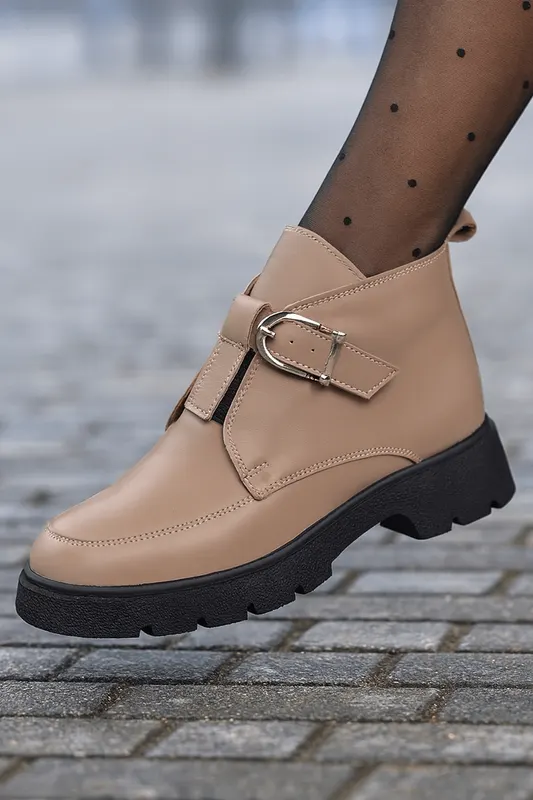 Ghete Casual Dama din Piele Taupe cu Catarama - DIME