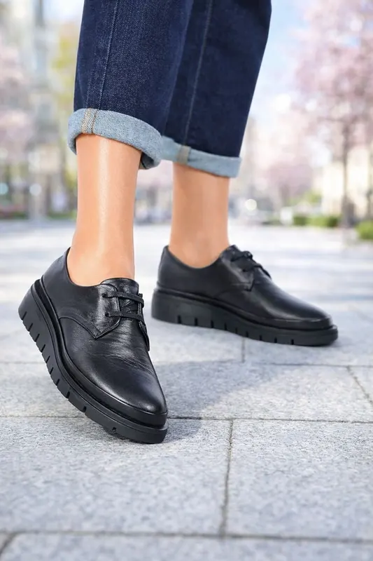 Pantofi Casual din Piele cu Siret Negri - FLOA
