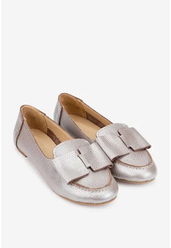 Mocasini dama taupe din piele naturala cu funda