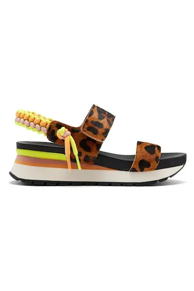 Sandale cu piele cu par scurt si inchidere velcro - Verde/Maro inchis/Maro nisip