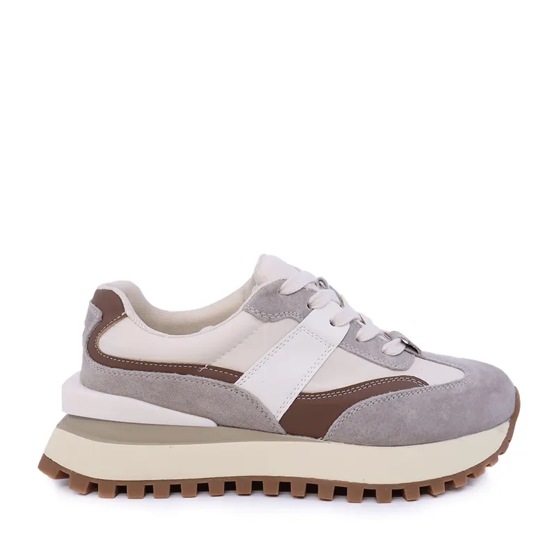 Sneakers femei bej cu detalii maro din piele întoarsă și textil 1991DP0460VBE