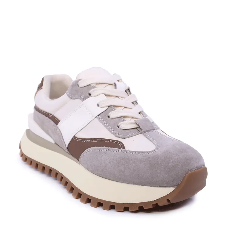 Sneakers femei bej cu detalii maro din piele întoarsă și textil 1991DP0460VBE — imaginea 2