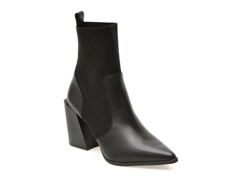 Botine elegante negre, GANINA 001, din piele naturala si material textil