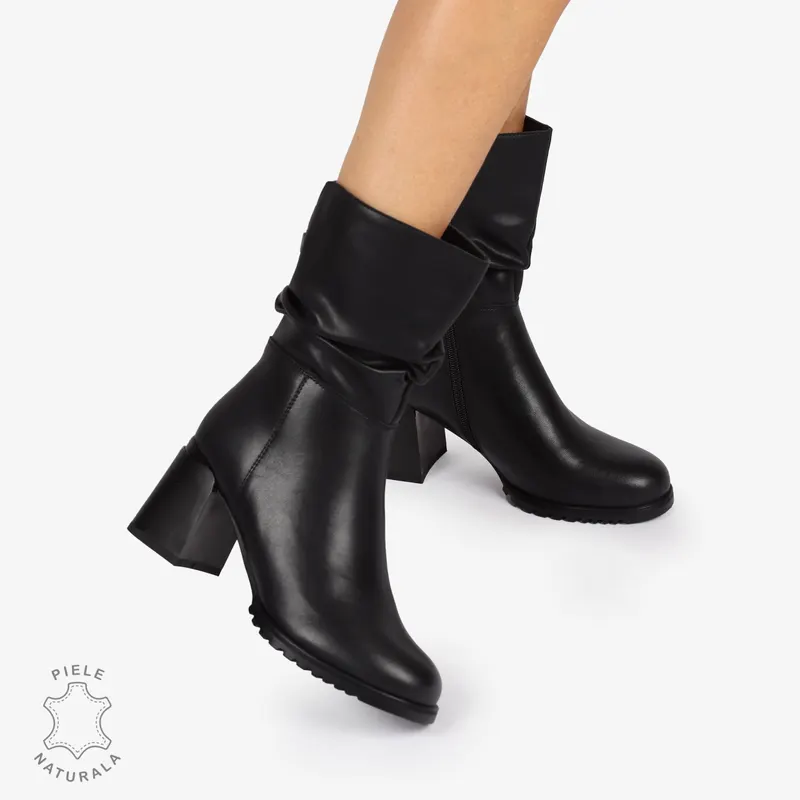CIZME PIELE NATURALA cu toc Gros CRL1246 NEGRU