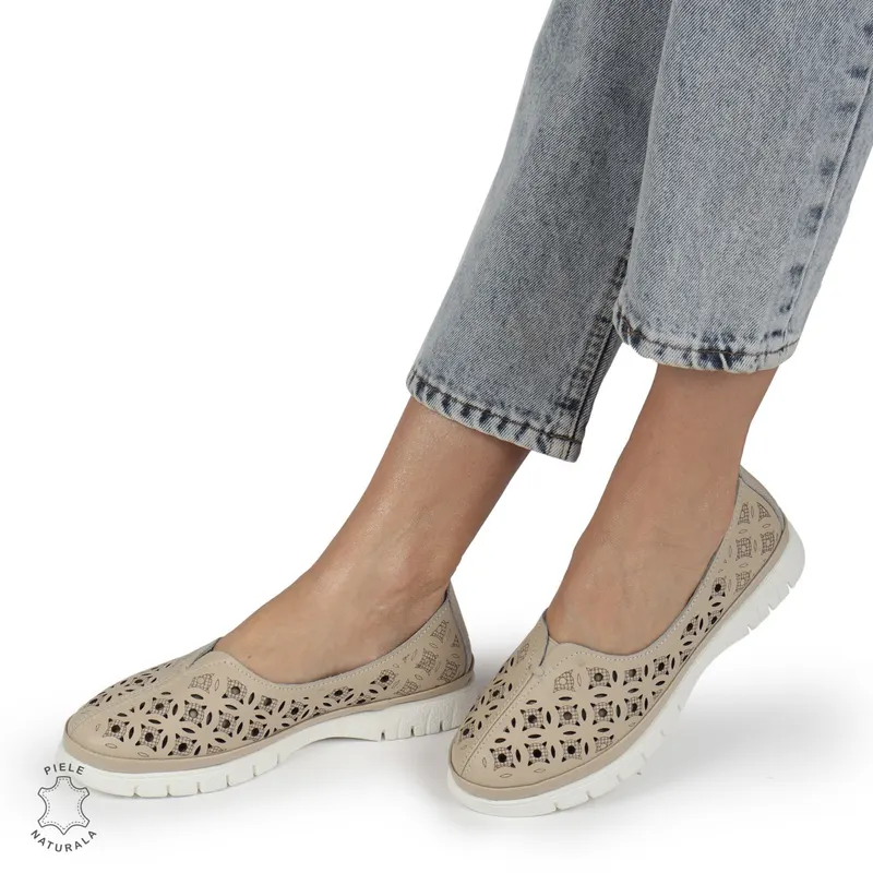 BALERINI dama din Piele naturala PERFORATA SLIP-ON CRL1360 BEJ