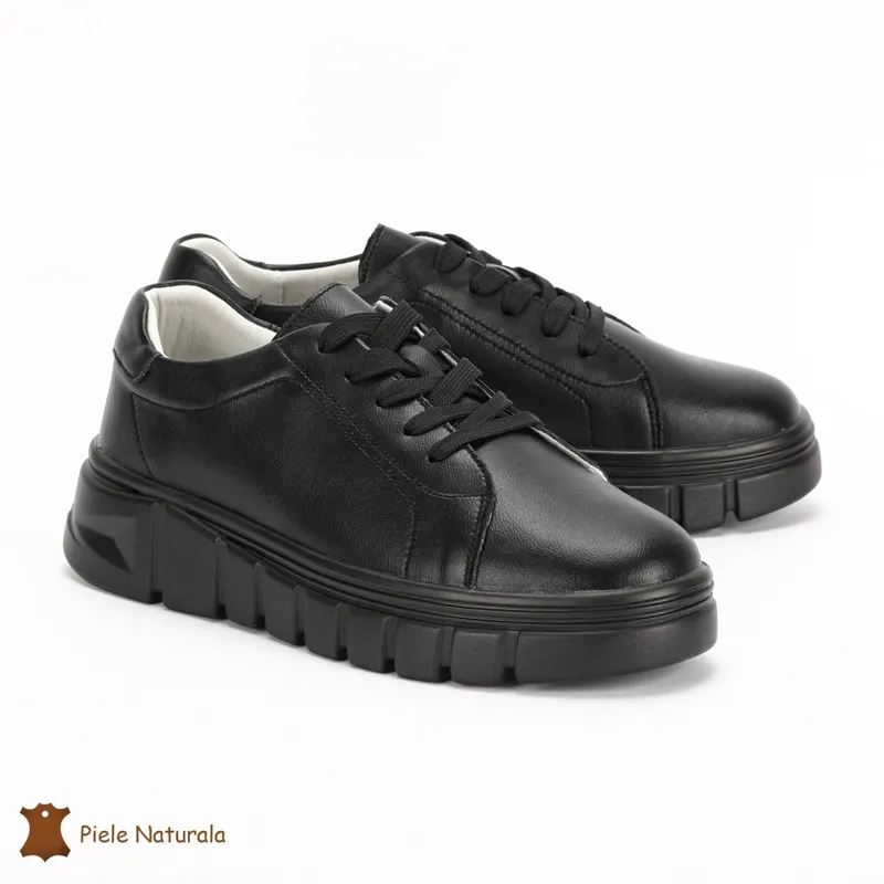 Pantofi Casual de dama din Piele naturala cu talpa groasa CRL0491 NEGRU