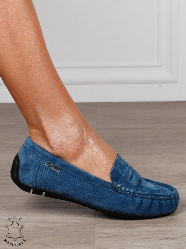 MOCASINI damă din piele naturală Intoarsa cu talpa joasa CRL1582 Albastru