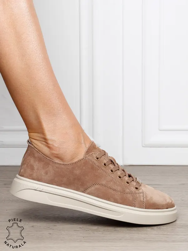 Pantofi casual damă din piele întoarsă naturală cu detaliu decorativ frontal CRL1821 KHAKI