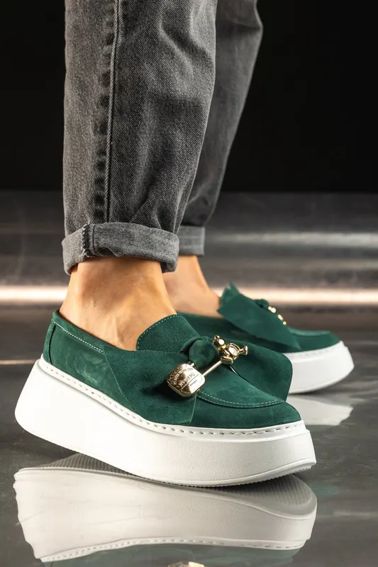Mocasini Din piele Intoarsa Verde cu Fundita - Tessa Green