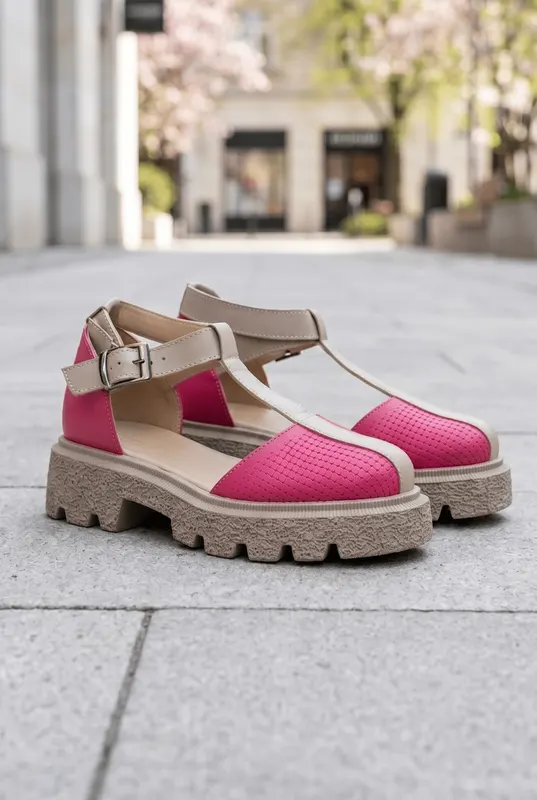 Sandale din Piele ROZ Decupate cu Barete - Nayla FUKSYA