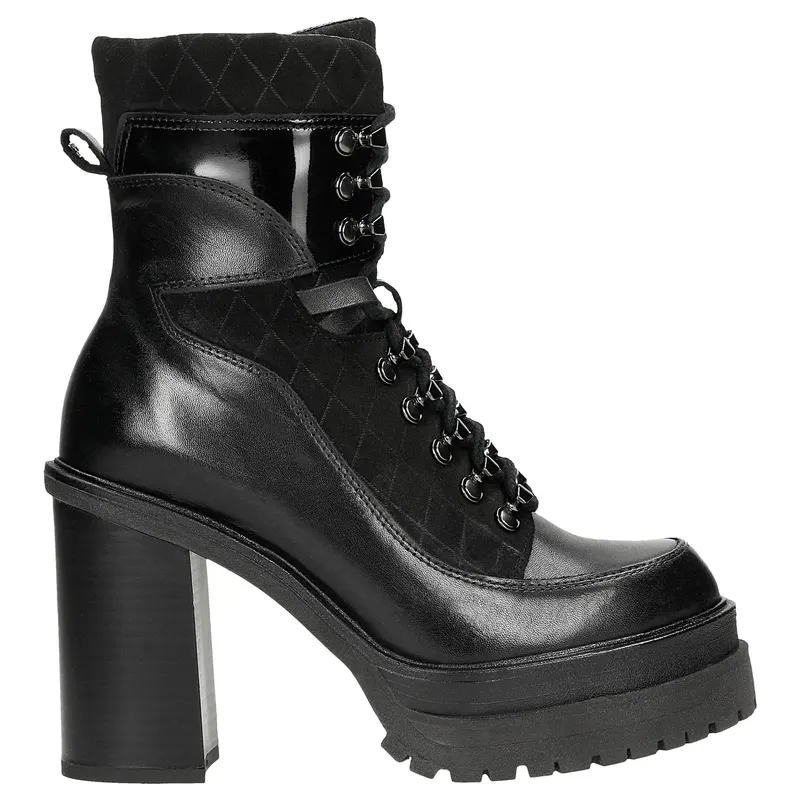 Botine biker negre din piele combinată cu toc