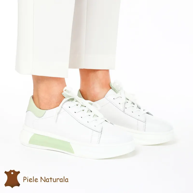 Pantofii casual piele naturala CRL1326 ALB CU VERDE