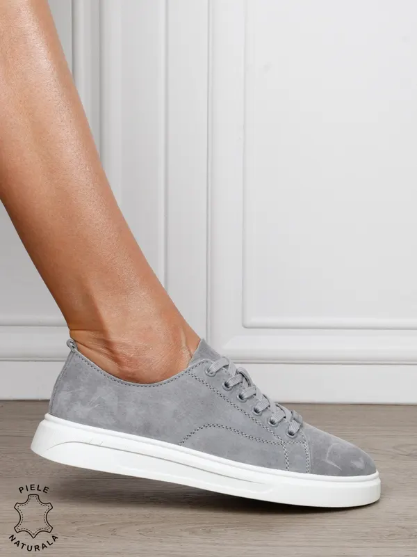 Pantofi casual damă din piele întoarsă naturală cu detaliu decorativ frontal CRL1821 GRI