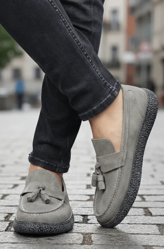 Mocasini din Piele Intoarsa Gri cu Accesoriu - OVY GREY