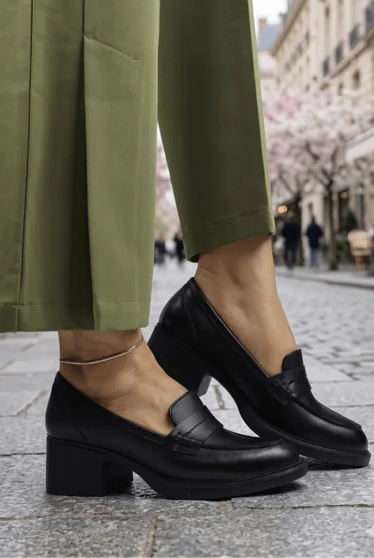 Pantofi Casual din Piele Negri cu Toc - BLACKS