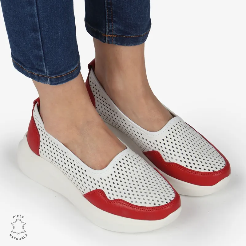 Balerini Dama Piele naturală CRL0103 ALB CU ROSU
