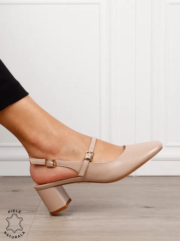 Pantofi dama eleganti cu toc gros si inchidere dubla CRL1608 BEJ