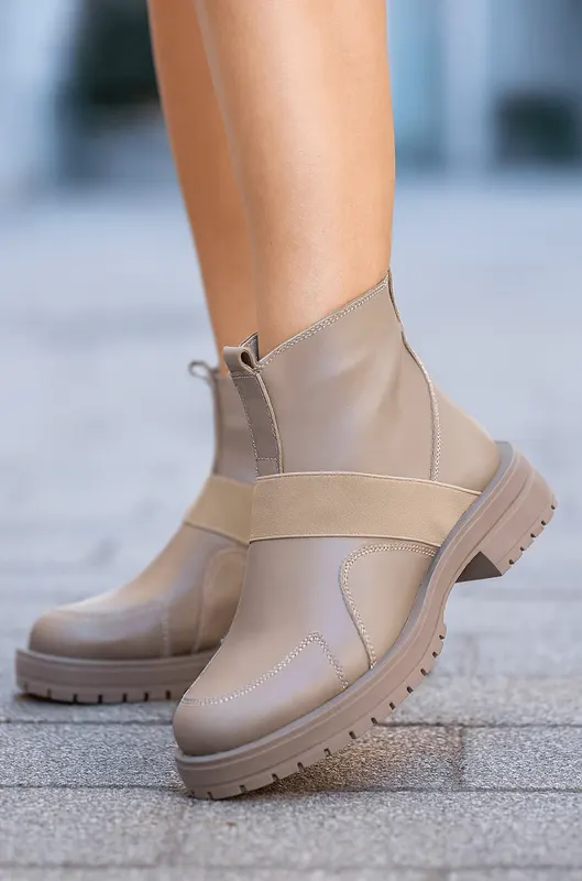 Ghete Casual de Dama din Piele Taupe cu Fermoar - ANGY