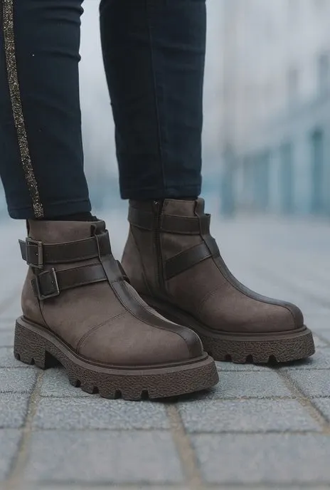 Ghete Casual Dama din Piele cu Catarame TAUPE - TRYA