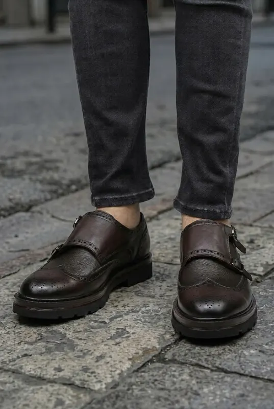 Pantofi Barbati Strap din Piele Naturala –Gryg Brown