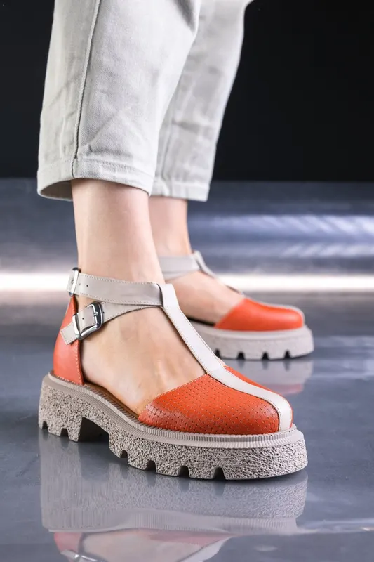 Sandale din Piele Portocalie Decupate cu Barete - Nayla ORANGE