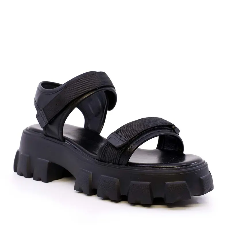 Sandale cu talpă groasă femei negre din piele 3749DS190N — imaginea 2