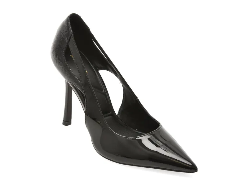 Pantofi eleganti negri, DELUNA 001, din piele ecologica lacuita