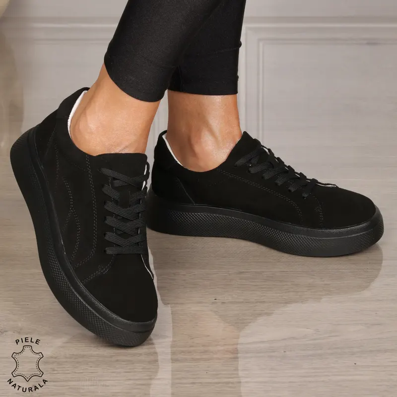 Pantofi CASUAL damă din piele naturală intoarsa CU SIRET CRL1452 NEGRU