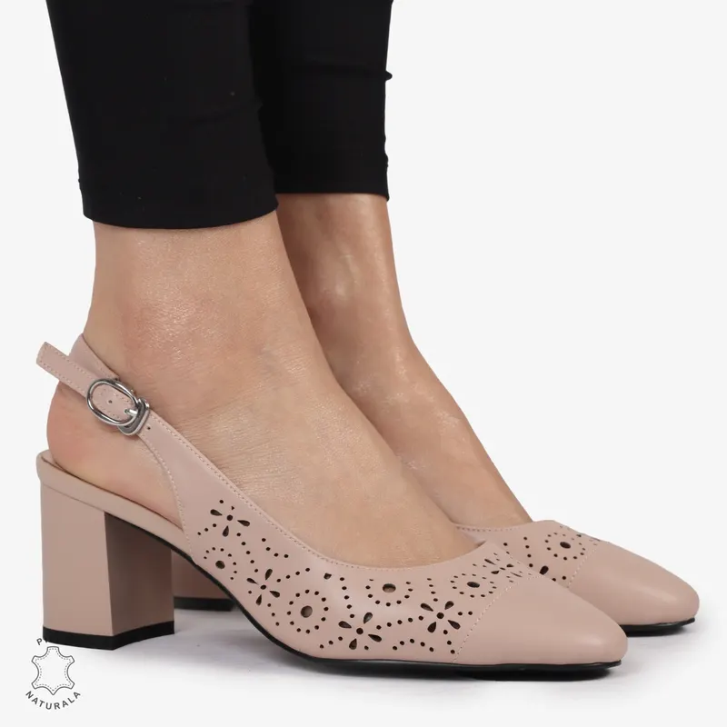 PANTOFI ELEGANTI dama din Piele Naturala CU TOC GROS SI MODEL PERFORAT CRL0995 ROZ