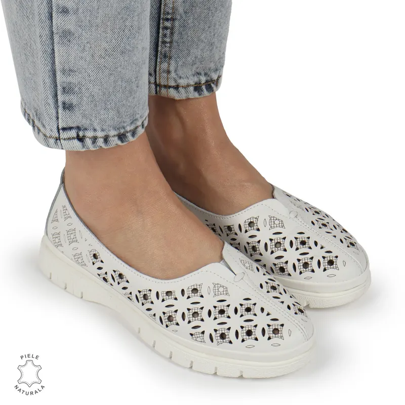 BALERINI dama din Piele naturala PERFORATA SLIP-ON CRL1360 ALB