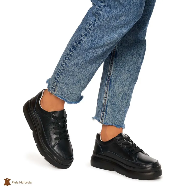 Pantofi Casual de dama din Piele naturala cu talpa groasa CRL1319 NEGRU