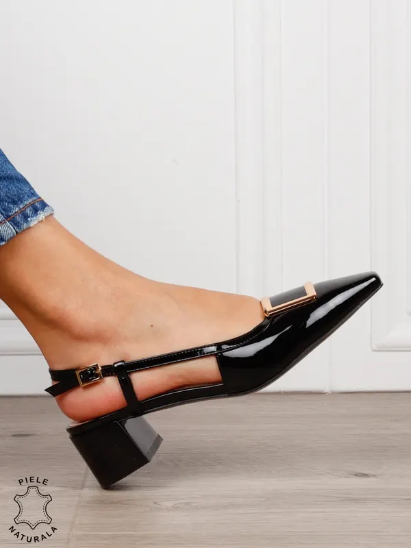 Pantofi dama eleganti din piele naturala cu toc gros mic CRL1615 Negru