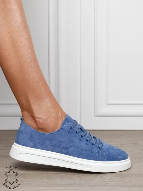 Pantofi casual damă din piele întoarsă naturală cu detaliu decorativ frontal CRL1821 ALBASTRU