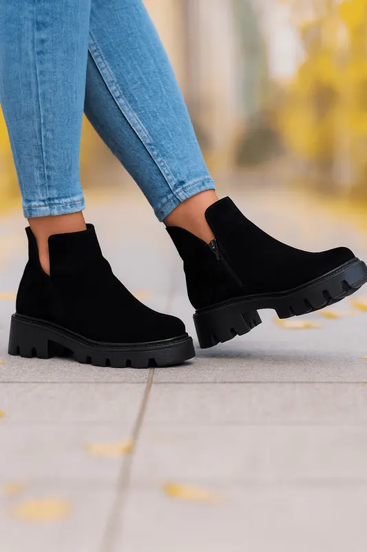 Ghete Casual din Piele Intoarsa Negre cu Fermoar - FABI