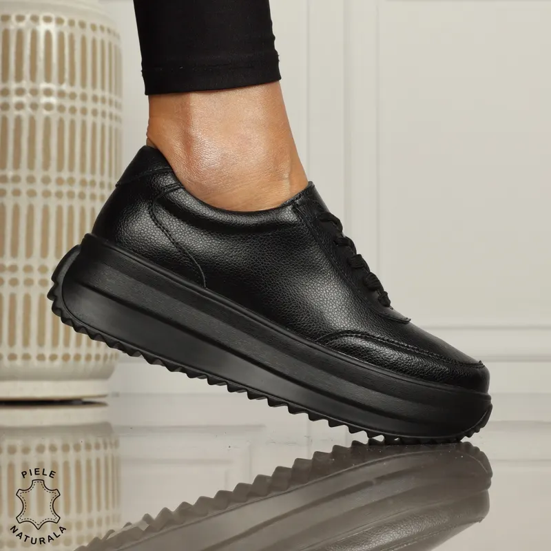 Pantofi casual dama din piele naturala cu șiret comozi și versatili CRL1444 NEGRU