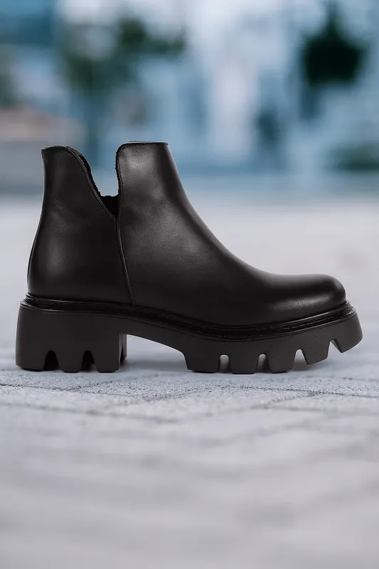 Ghete Casual din Piele Box Negre cu Fermoar - FAVI